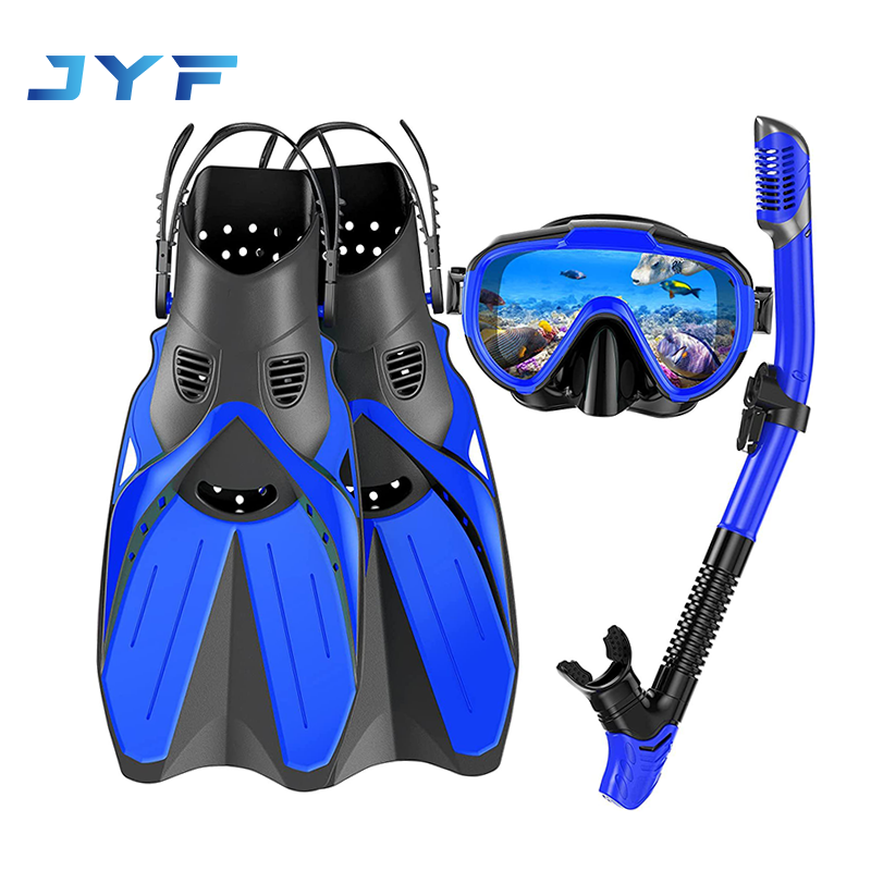 Adult snorkeling tempered glass diving mask adjustable fins full dry snorkel three-piece set