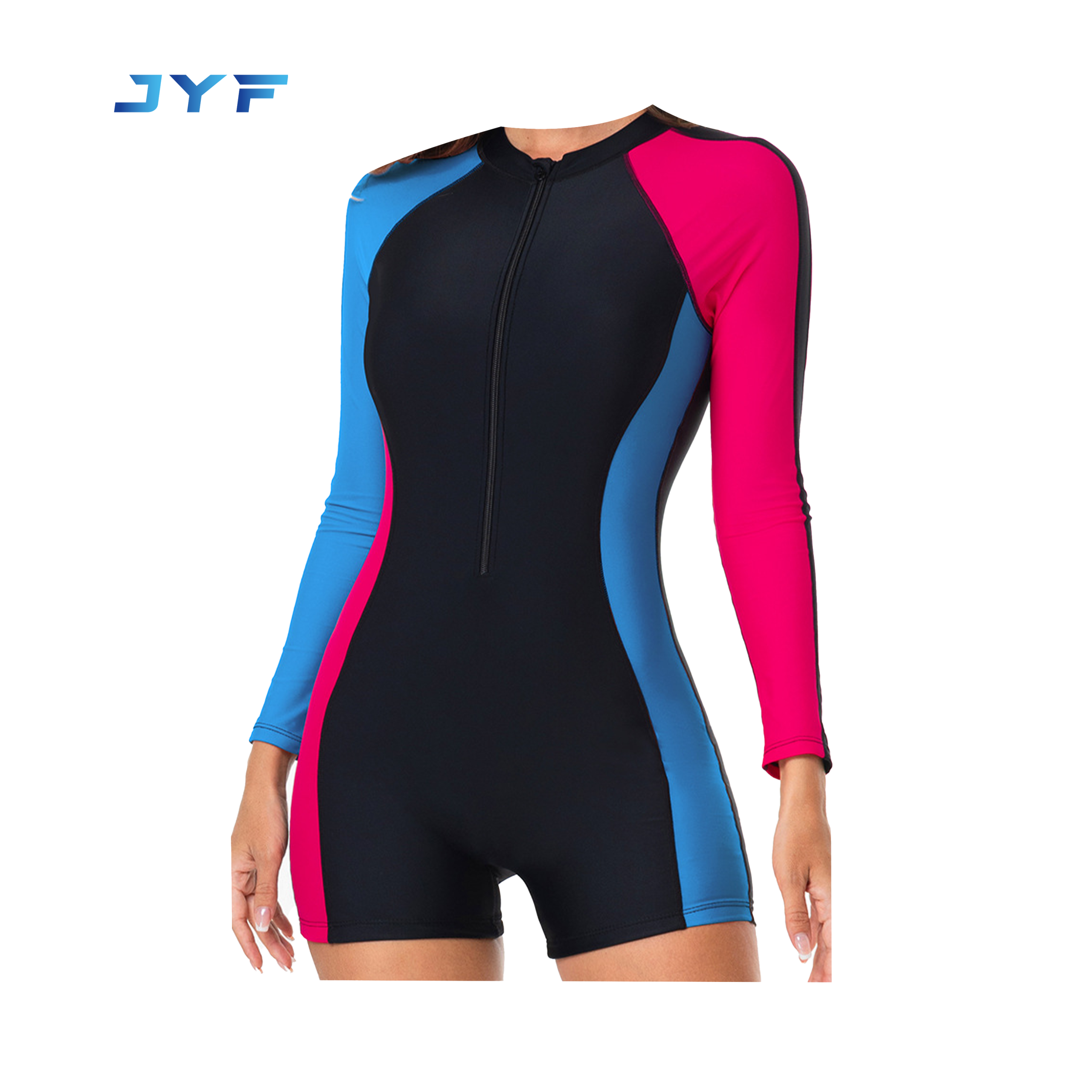 One-piece long-sleeved straight-cut surfwear swimsuit