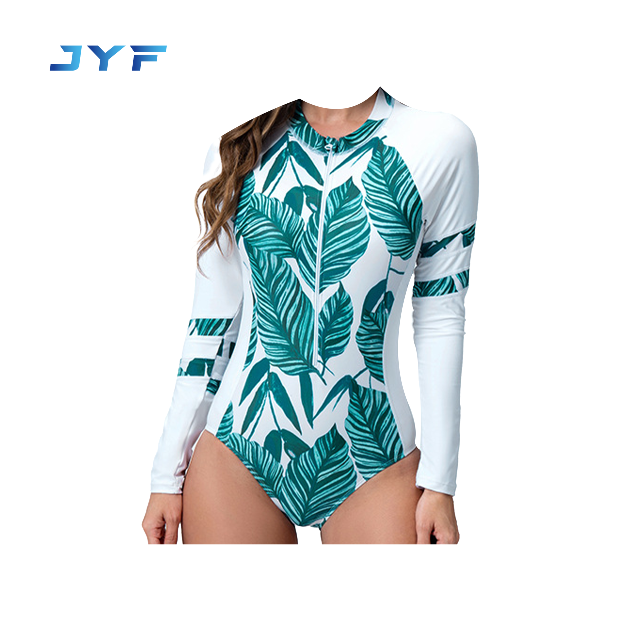 One-piece sporty lady’s long-sleeved zipper swimsuit